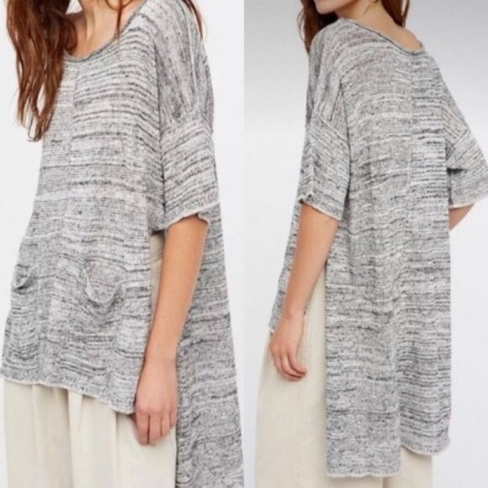 Free People Grey Melange High Low‎ Tunic Top Linen Oversized Size Small Bohemian